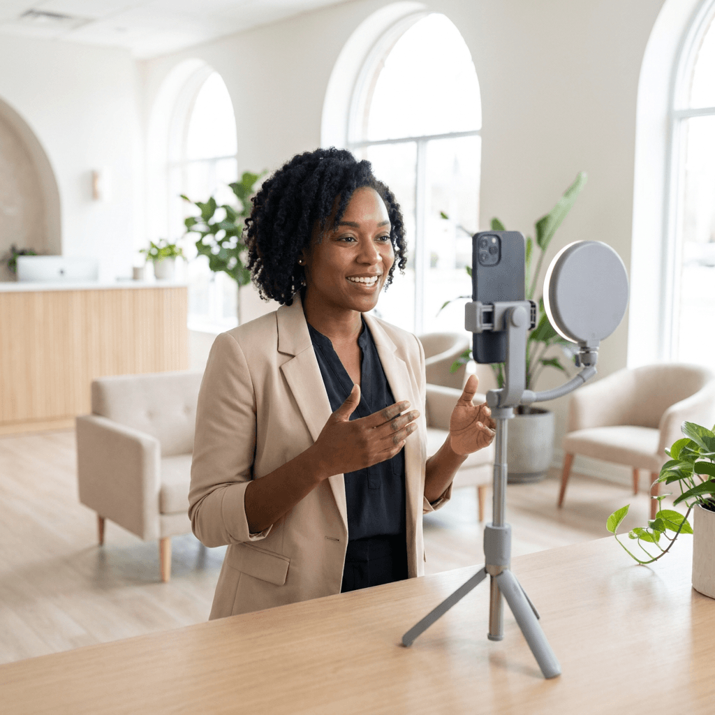 A healthcare content creator recording a short social video for a telemedicine clinic
