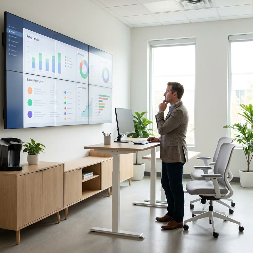 Clinic operations manager reviewing integrated workflow metrics in a modern telemedicine office