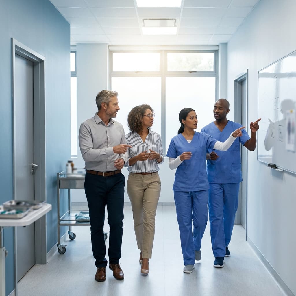 A modern TRT clinic operations team walking through a patient workflow in a clean healthcare hallway with subtle equipment and no visible screens, paperwork, or readable text