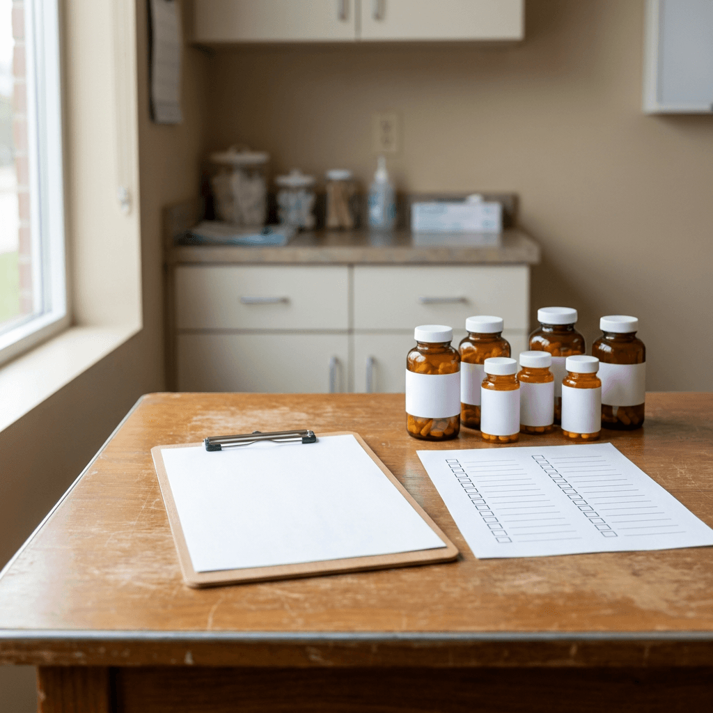 Medication bottles, clipboard, and follow-up checklist arranged on a clean clinic desk, realistic healthcare setting, no screens, no visible text
