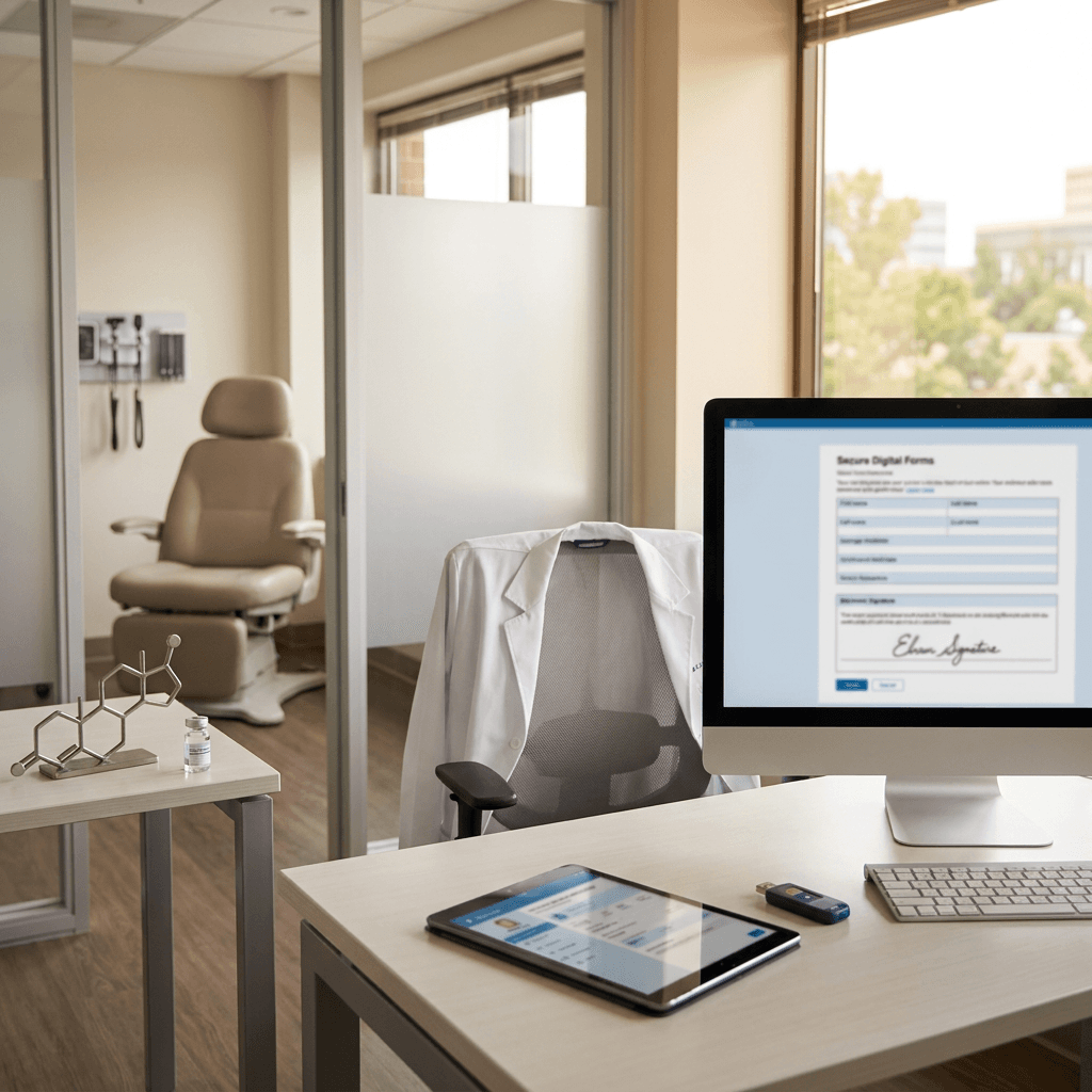 A polished telemedicine clinic workspace showing a secure digital prescribing workflow, modern medical office, subtle TRT clinic context, no readable text, realistic lighting, professional and trustworthy