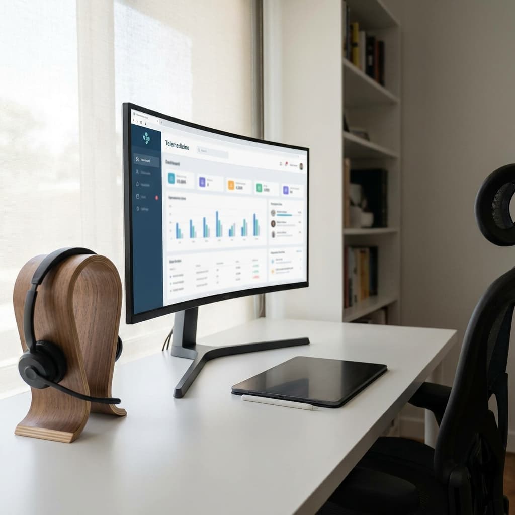 A sophisticated virtual care platform for a TRT clinic, shown through a modern telemedicine workspace with clean interface elements, medical professionalism, no readable text, realistic lighting, built for remote patient management and clinic operations