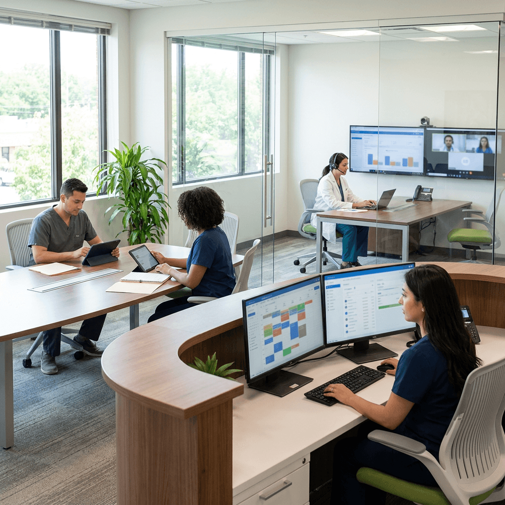 A polished TRT clinic relationship management scene with a secure patient CRM dashboard, coordinated staff workflow, modern telemedicine operations environment, professional lighting, no visible brand logos or readable text