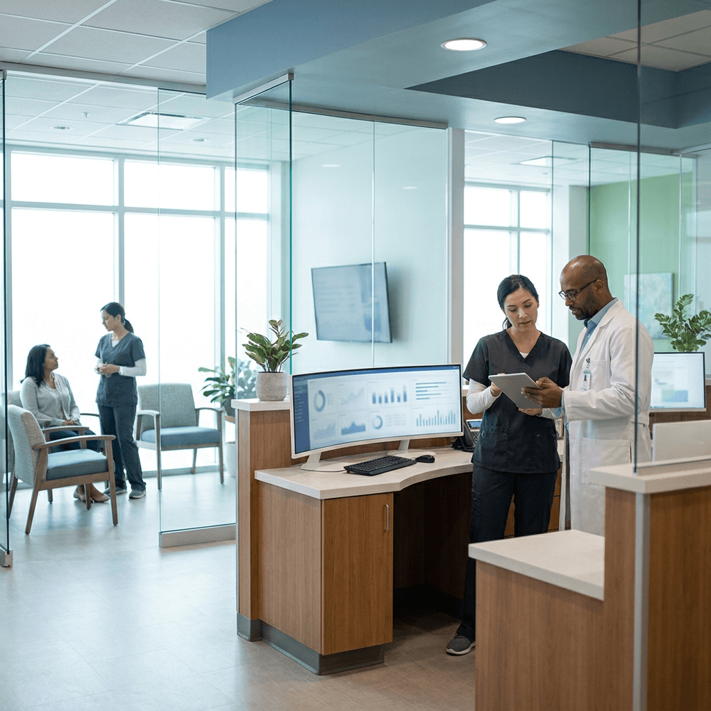 A modern TRT clinic operations scene showing secure digital lab result integration into a patient workflow system, clean medical office, subtle screens, realistic lighting, diverse American healthcare environment, no readable text or logos