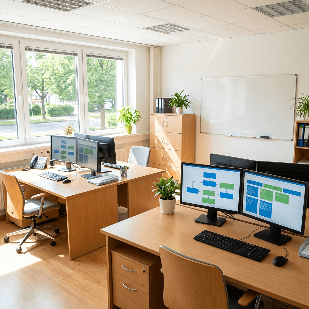 A clean healthcare operations office focused on billing automation for a TRT clinic, no people, no visible text, monitors with abstract workflow visuals, polished administrative setting, natural light