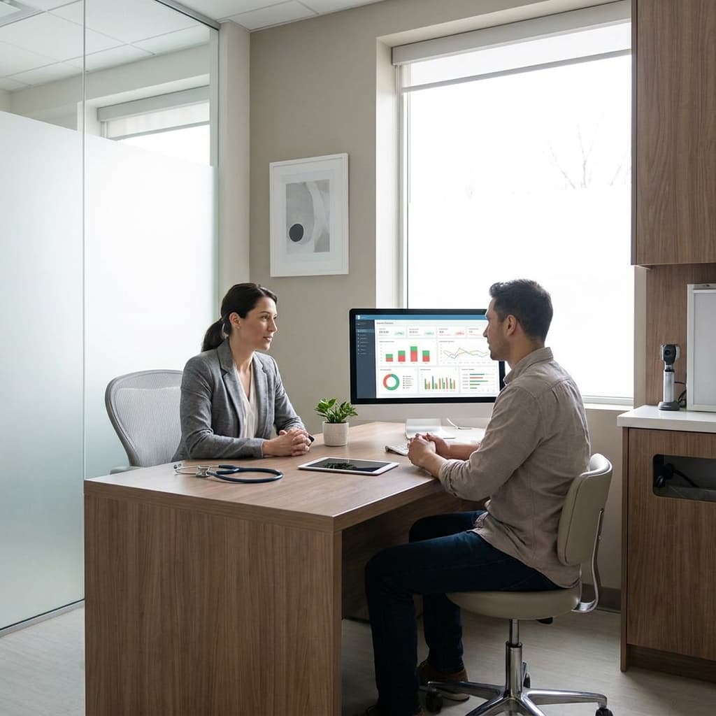 A clean, modern TRT clinic consultation workspace with a patient intake dashboard, subtle medical setting, professional lighting, no visible text, no logos, realistic operational atmosphere