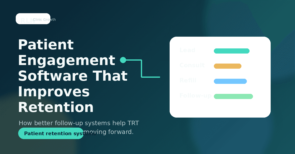 Branded Red Letter Nexus graphic showing patient engagement workflows and retention signals for a TRT clinic