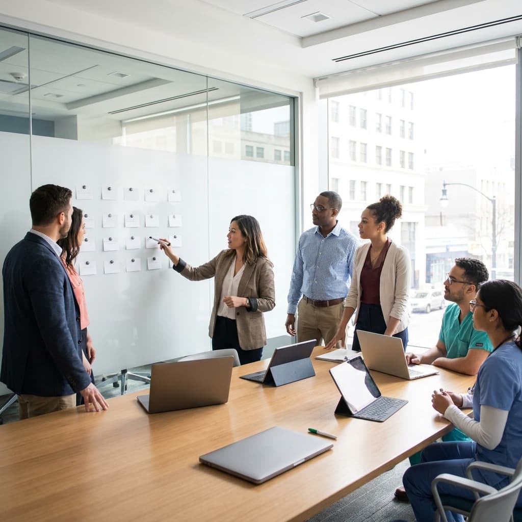 A modern telemedicine clinic operations team in a clean conference room planning patient workflow using closed laptops, tablets angled away, and simple blank cards on a whiteboard with no readable text, no paper charts, no folders, realistic professional healthcare setting
